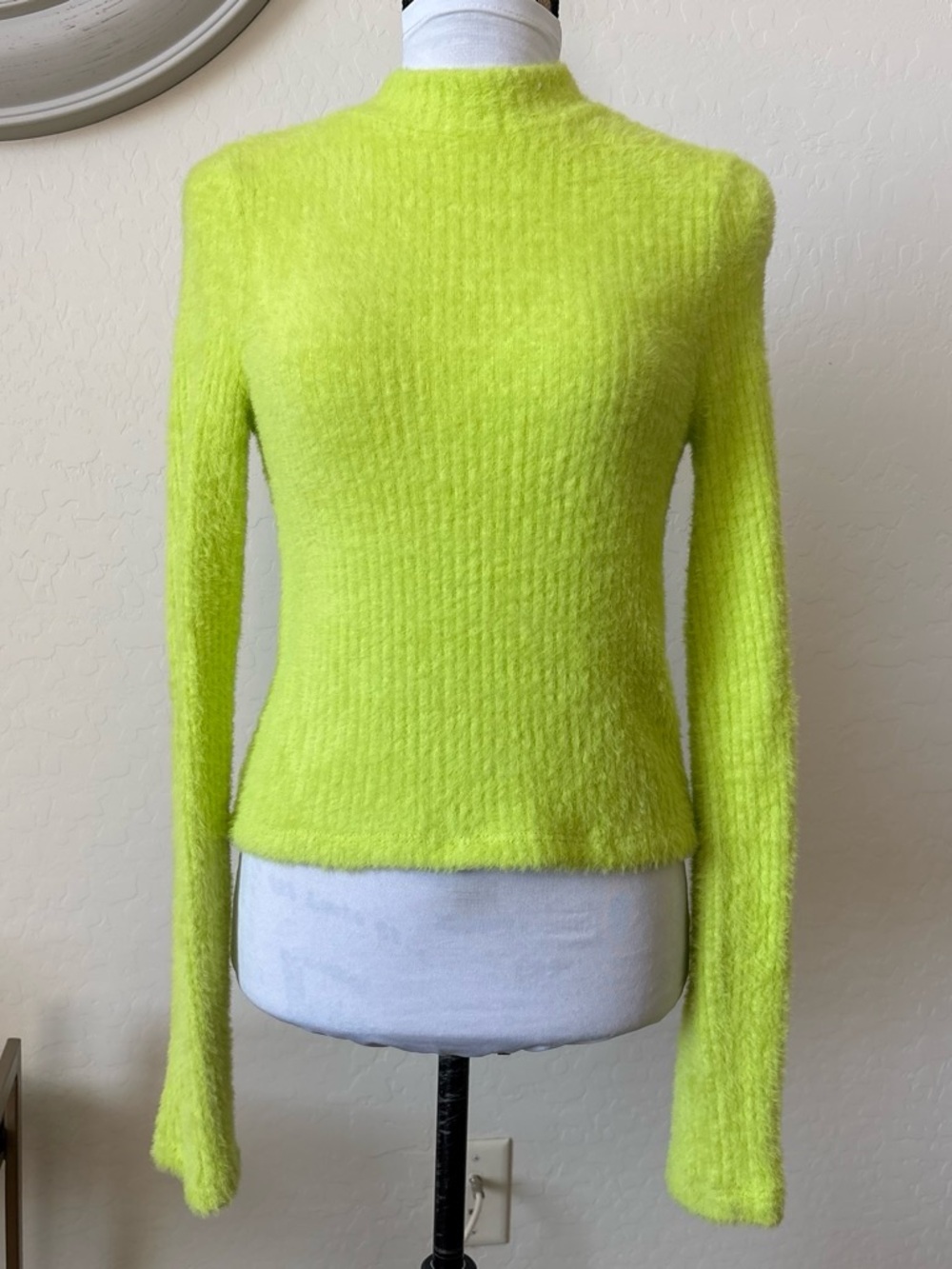 anthropologie mock neck fuzzy ribbed women’s sweater S neon lime green.